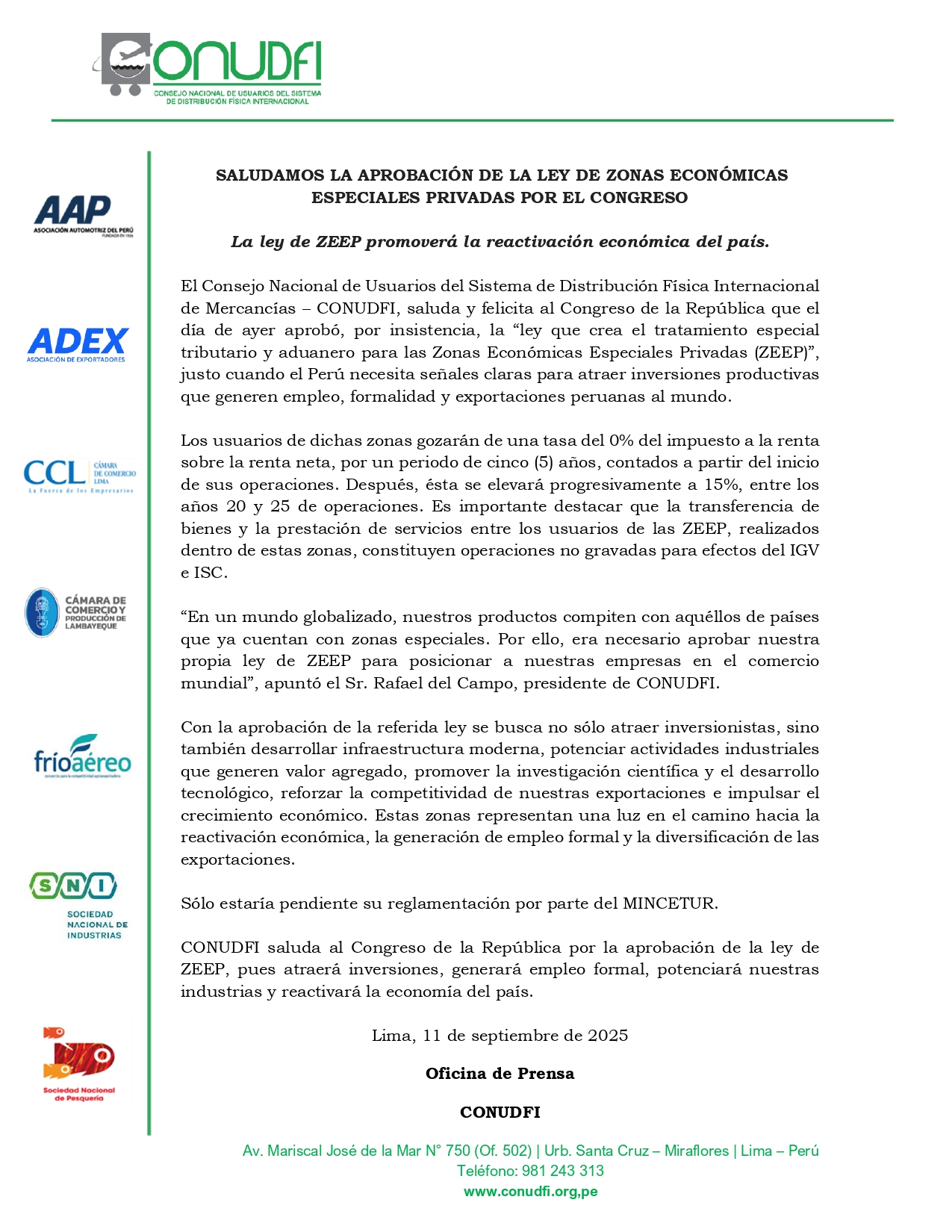 SALUDAMOS LA APROBACIÓN DE LA LEY DE ZONAS ECONÓMICAS ESPECIALES ...